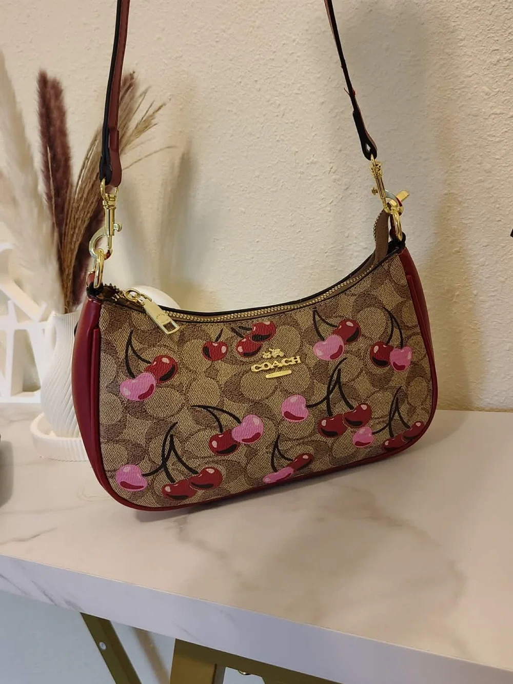 Coach Cherry-Print Signature Canvas Shoulder Bag in Brown/Red/Pink